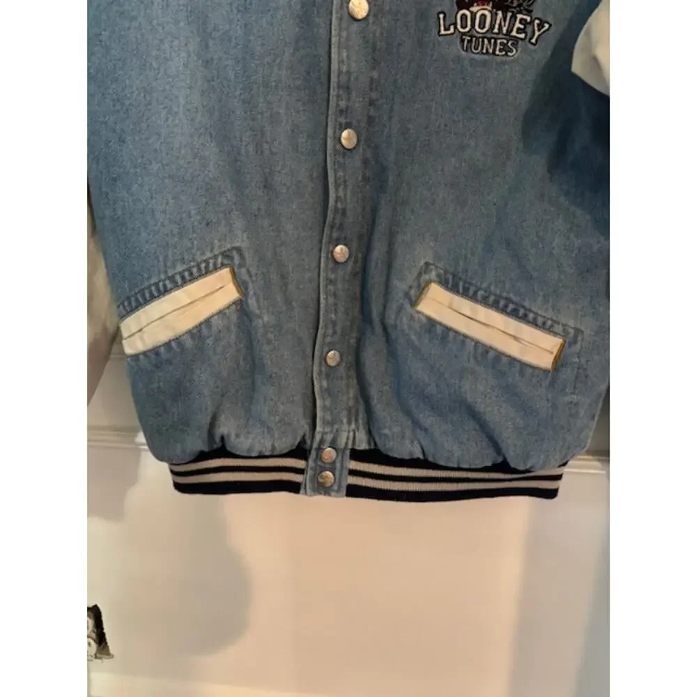 Vtg 90s Looney Tunes Warner Bros. Embroidered Denim Varsity Jacket Youth 12